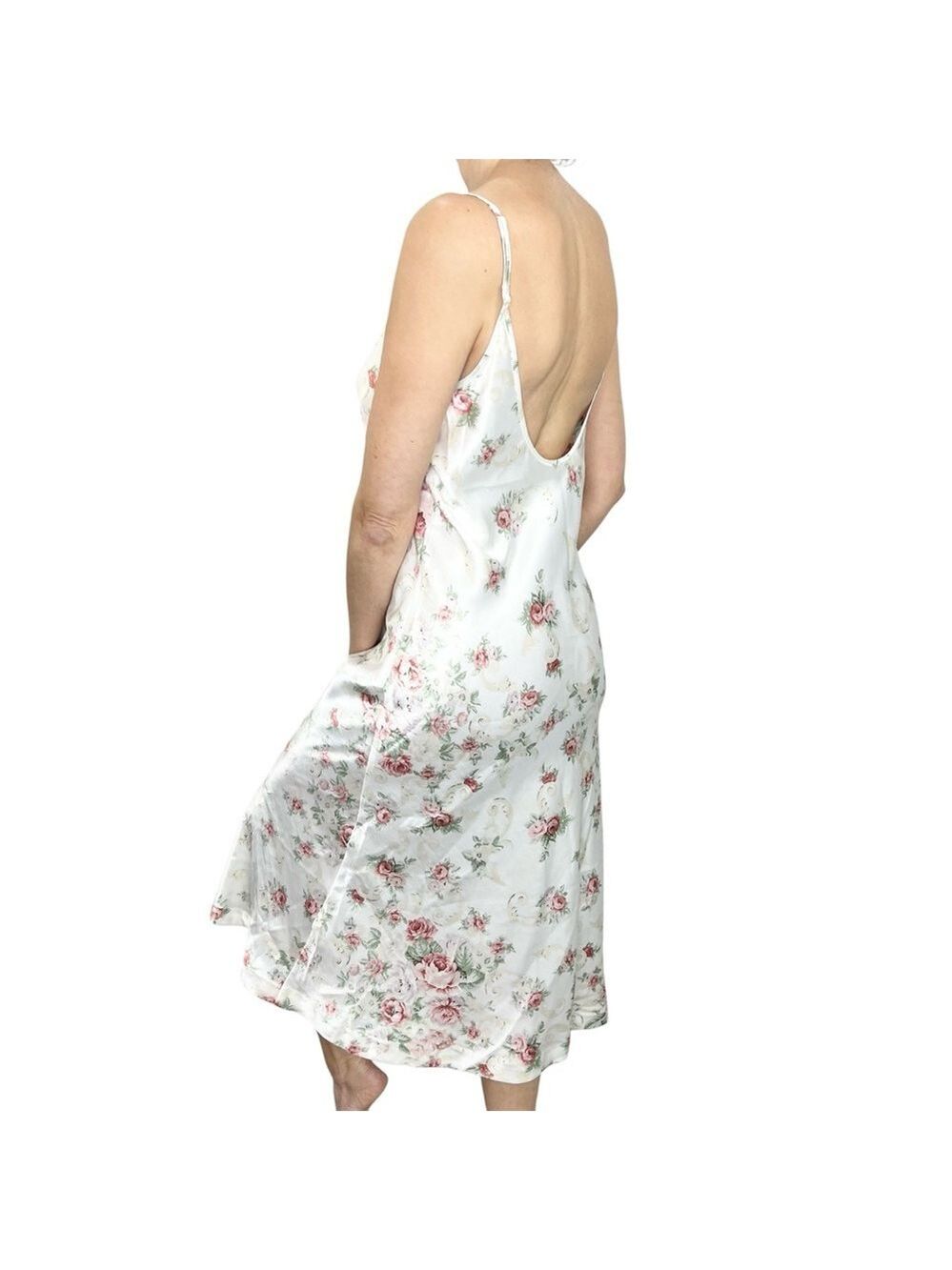 Vintage 80s 90s Linda x Eaton white pink floral satin low back midi slip dress S